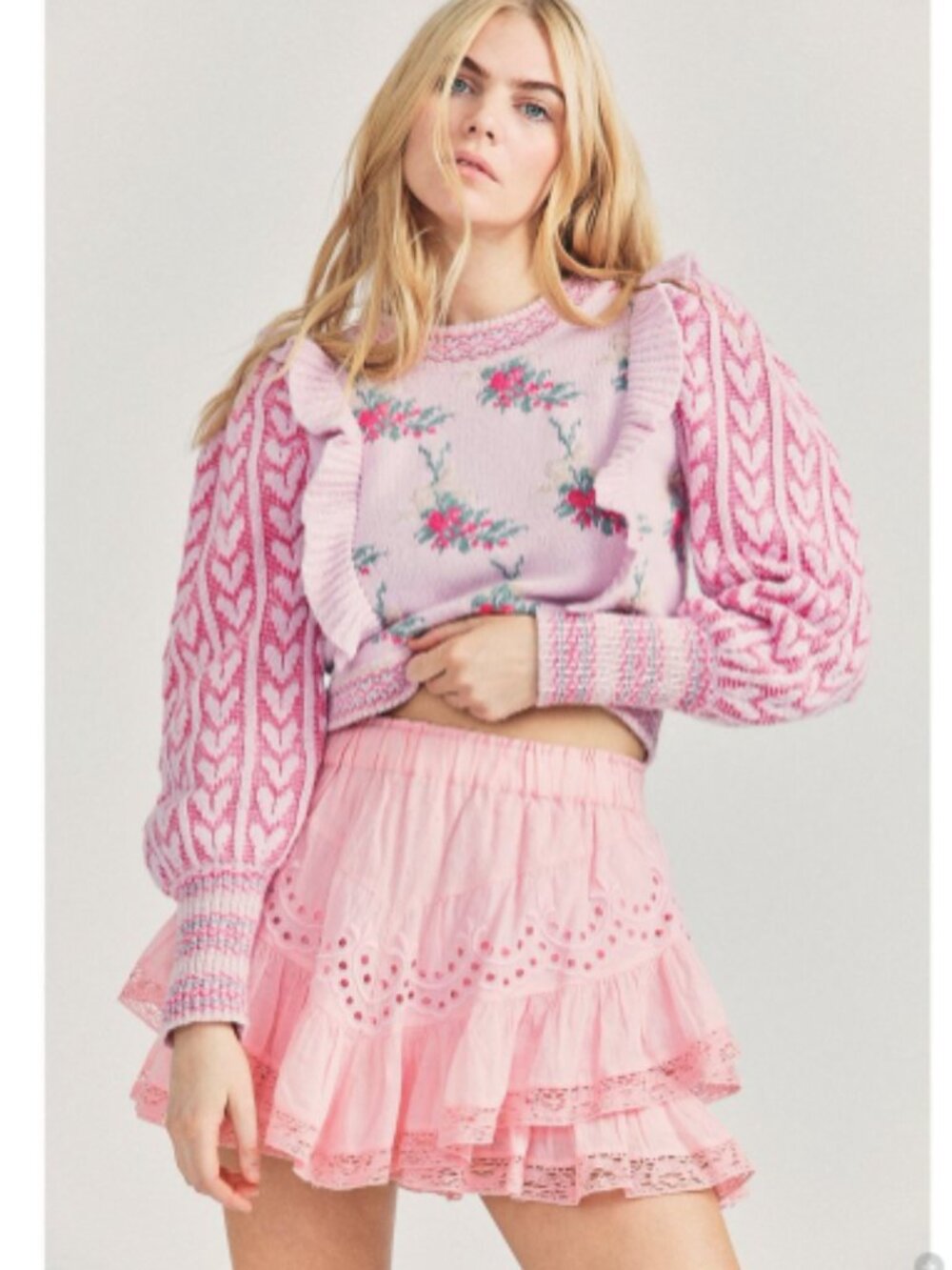 LoveShackFancy Briella Eyelet Lace Cotton Mini Skirt Pink Grace Ruffle XL